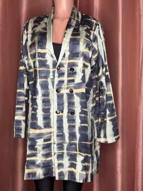 Double-Breasted Patterned Long Jacket - Blue, Cream, Gold